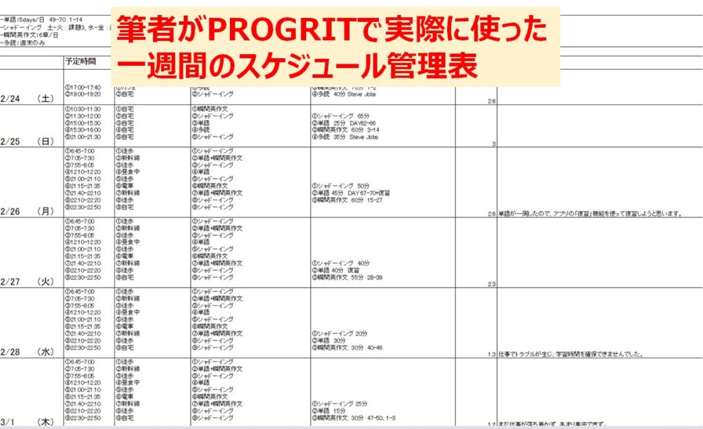 PROGRITの一週間スケジュール表
